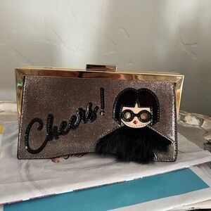 NWT Trina Turk Cheers Gold Frame Clutch + Gold Chain Iconic Trina w/ Fur Dress